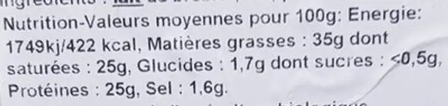 Brebis bio des Basques nutrition facts table