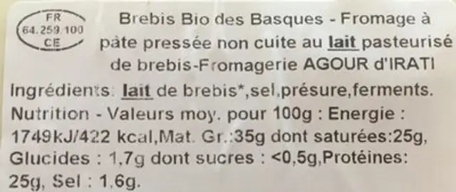 Brebis bio des basques ingredients label