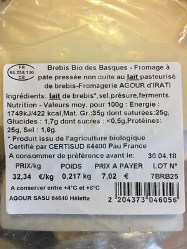 Brebis bio des basques ingredients label