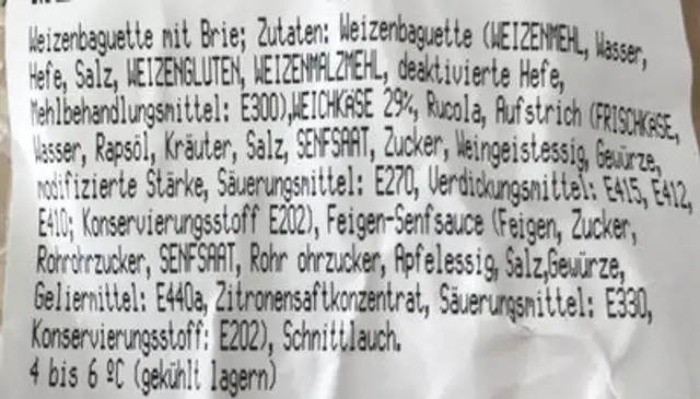 Halbbaguette mit Brie ingredients label
