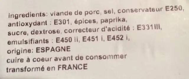 Lomo au piment doux ingredients label