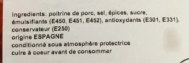 Poitrine au piment doux ingredients label