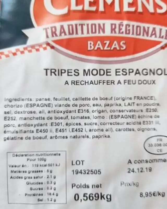 Tripes mode espagnole nutrition facts table