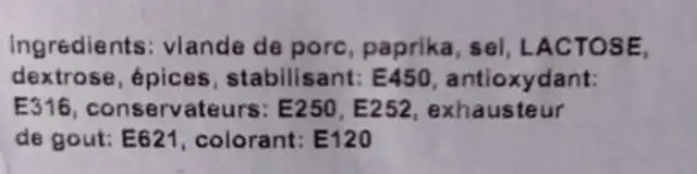 Chorizo ingredients label