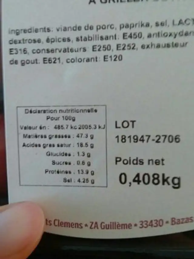 Chorizo a griller ou a poeler nutrition facts table
