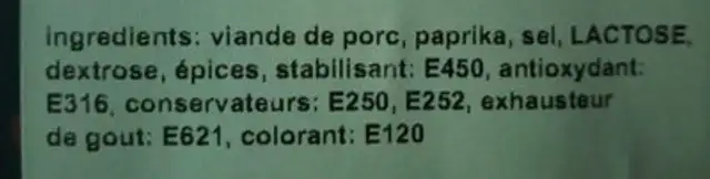 Chorizo ingredients label