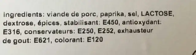 Chorizo ingredients label