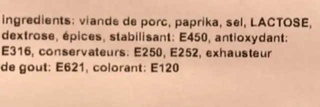 Chorizo à griller ingredients label