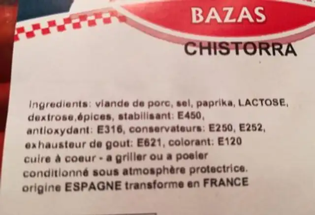 Chistorra ingredients label