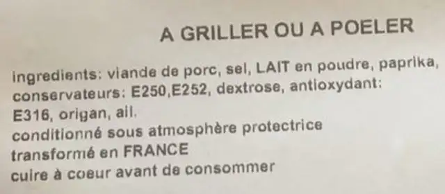 Chorizo ingredients label