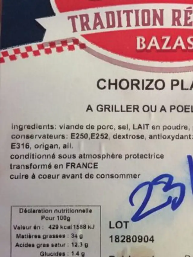 Chorizo plancha ingredients label