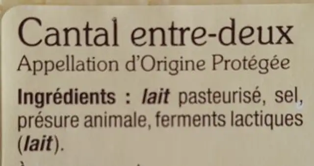Cantal Entre-deux ingredients label