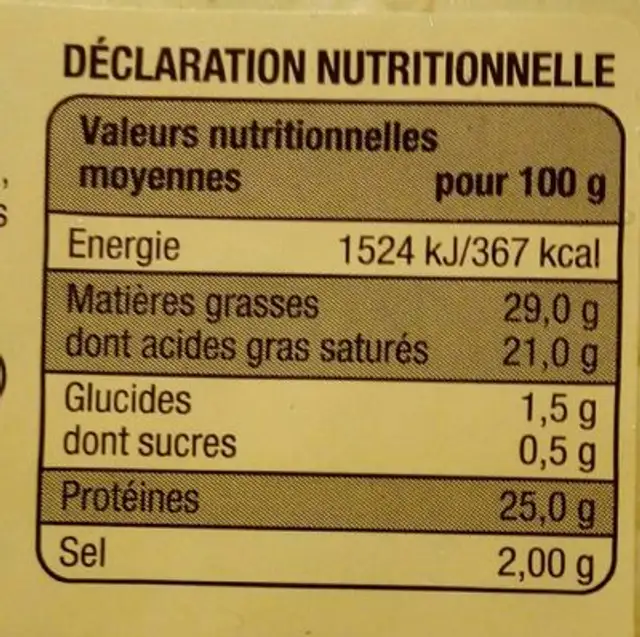 Cantal entre deux nutrition facts table