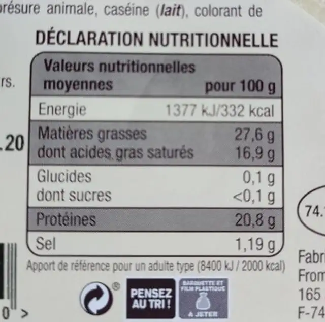 Reblochon de savoie nutrition facts table