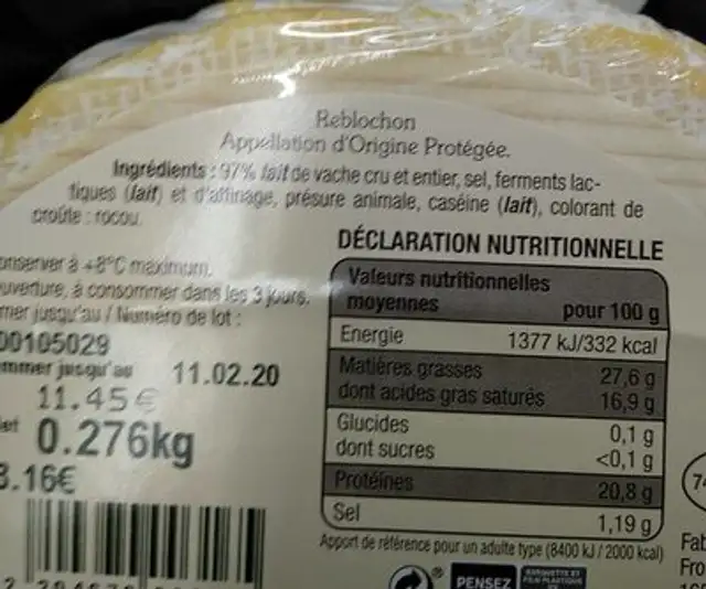 Reblechon de Savoie nutrition facts table