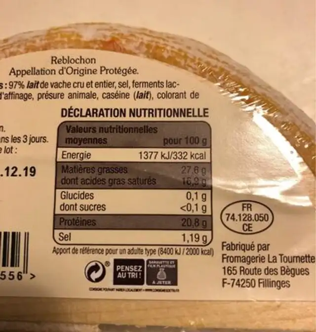 Reblochon de savoie nutrition facts table