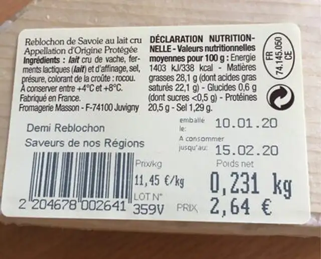 Reblochon de Savoie nutrition facts table