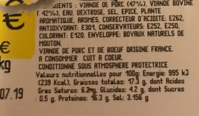 Chorizo nutrition facts table