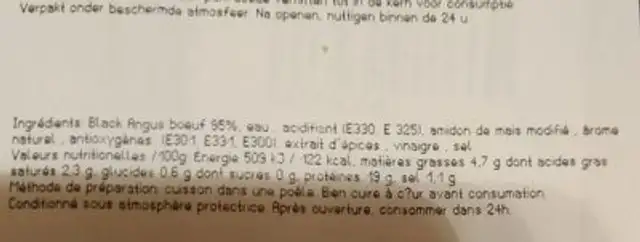 Butcher burger Angus ingredients label
