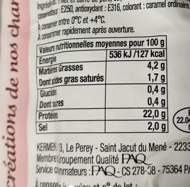 Petit rôti de porc nutrition facts table