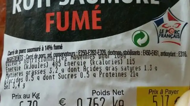 Rôti saumuré fumé ingredients label
