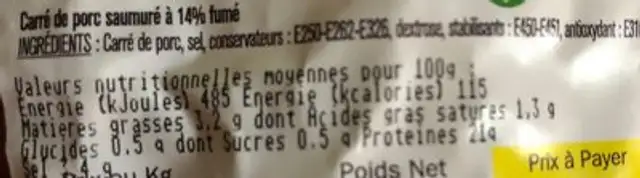 Roti saumuré fumé ingredients label