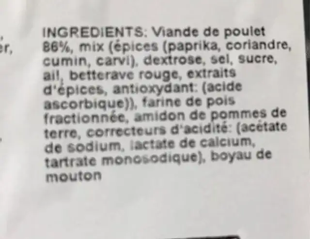 Merguez de poulet ingredients label