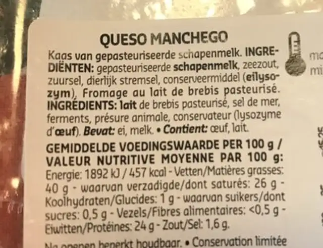 Queso Manchego ingredients label
