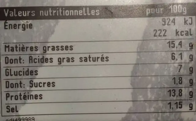Boudin a l'oignons nutrition facts table