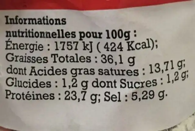 Saucisson Pur Porc ingredients label