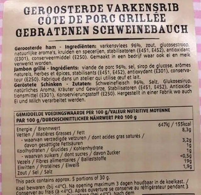 Côte de porc grillée nutrition facts table