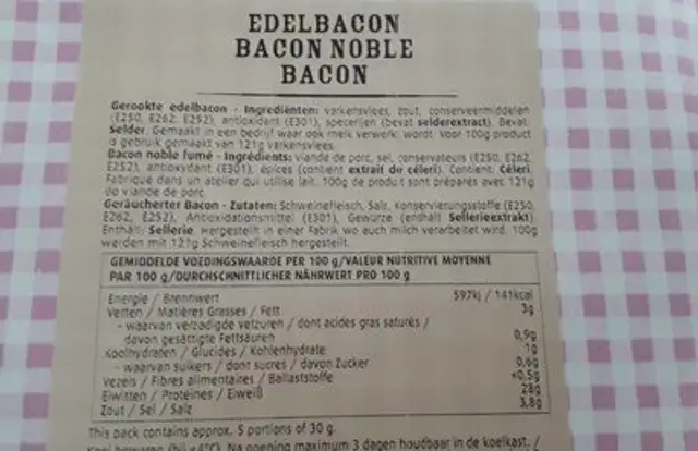 Edelbacon nutrition facts table