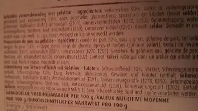 Tête pressée nutrition facts table