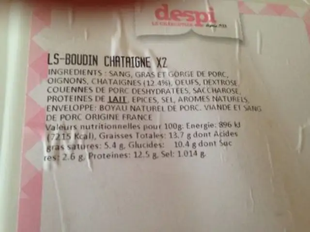 Boudin chataigne ingredients label