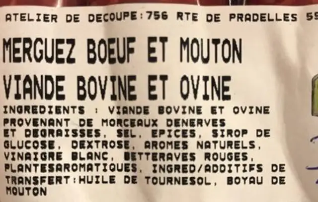 Merguez boeuf et mouton ingredients label