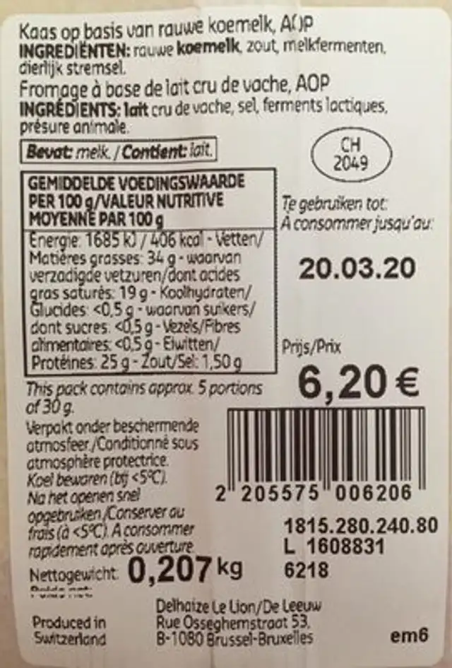 L'Etivaz AOP nutrition facts table