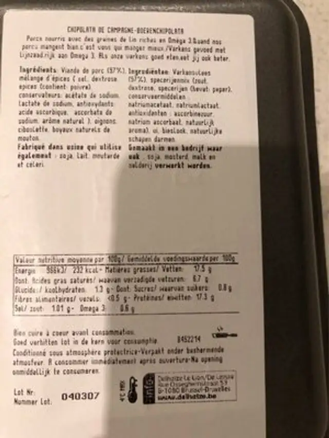 Chipolata campagne nutrition facts table