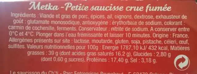 Metka saucisse fumée ingredients label