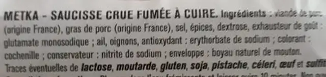 Saucisses Metka ingredients label