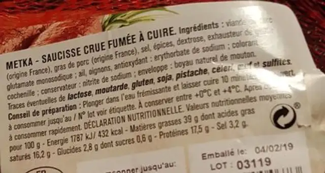 Metka ingredients label