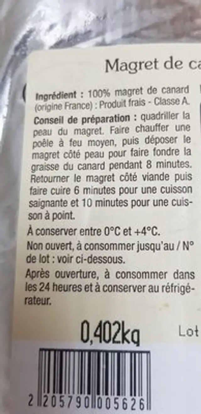 Magret de canard ingredients label
