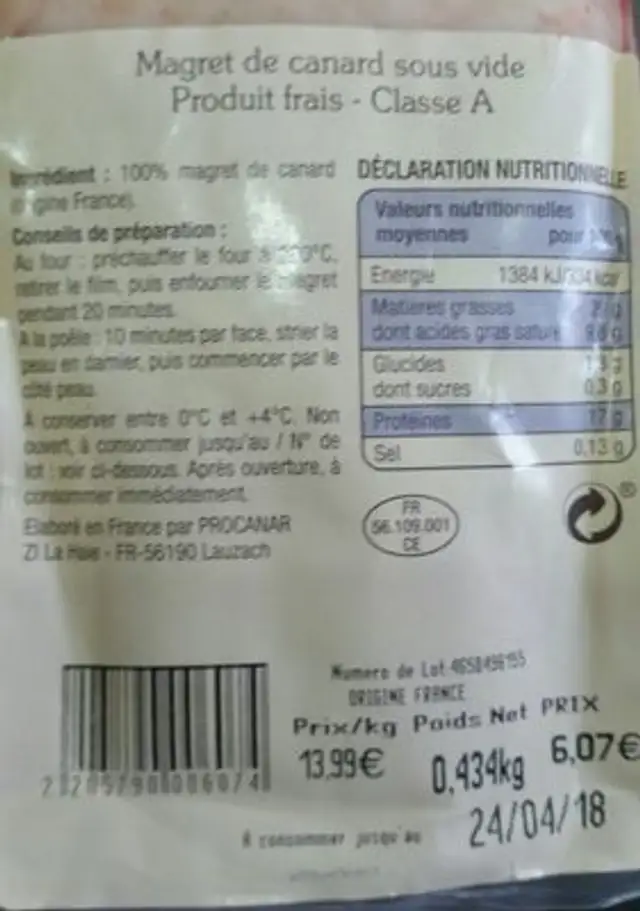 Magret de canard ingredients label