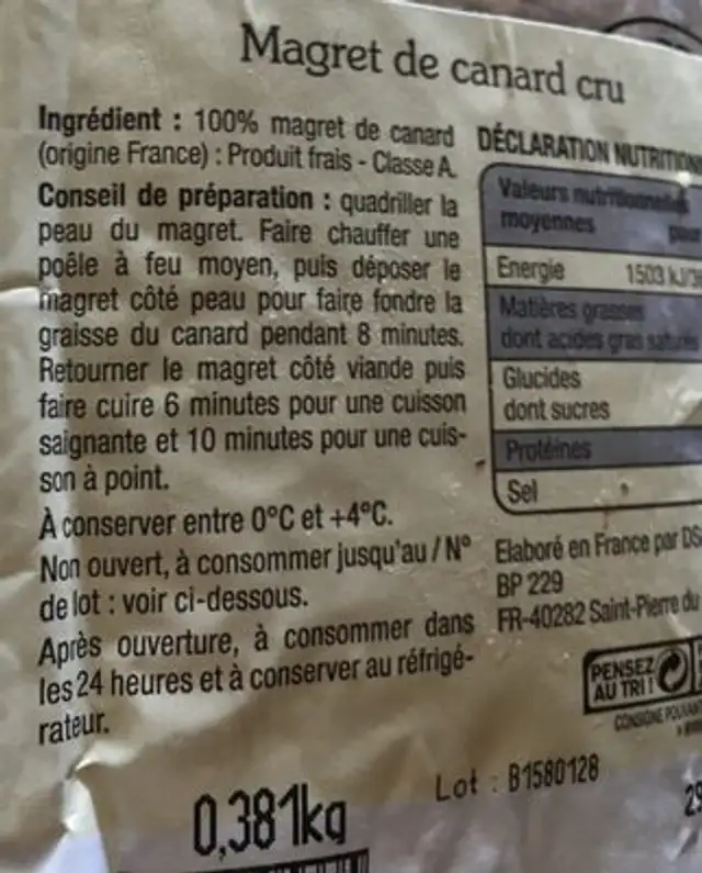 Magret de canard cru ingredients label