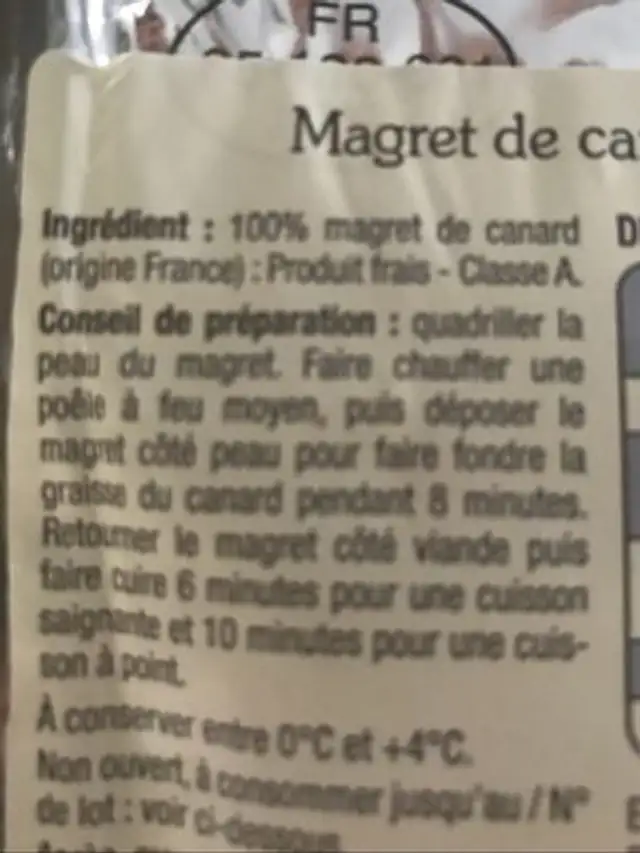 Magret de canard ingredients label