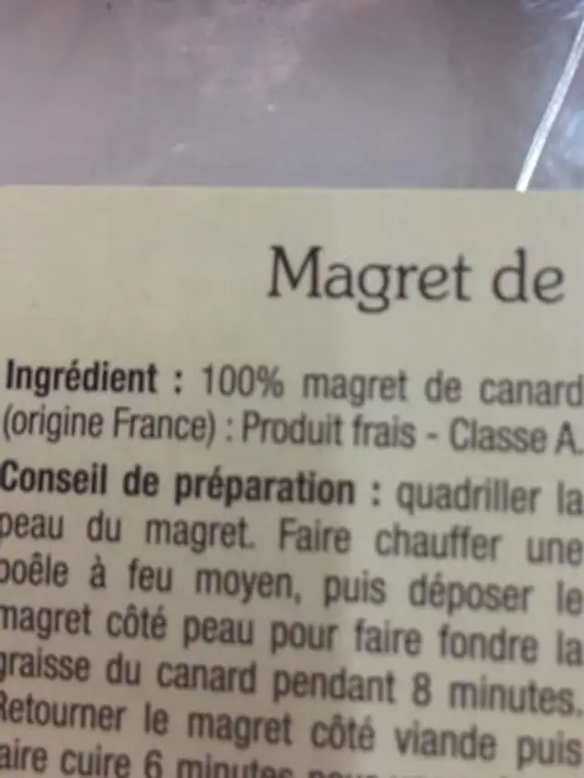 Magret de canard ingredients label
