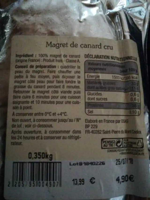 Magret de canard ingredients label