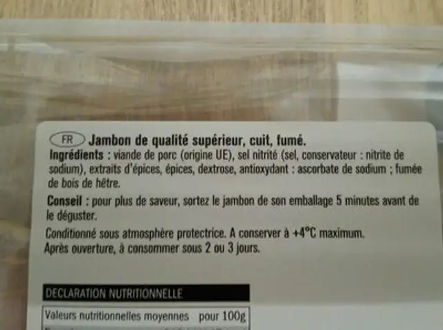 Jambon cuit fumé ingredients label