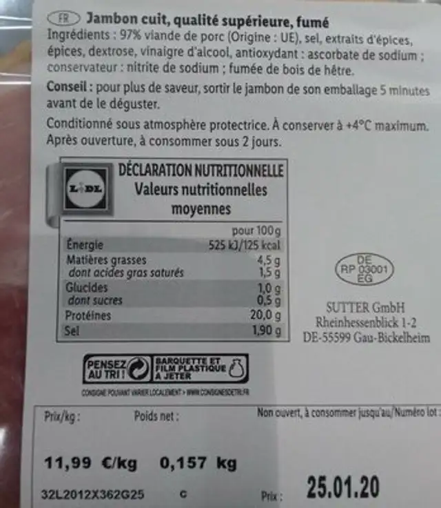 Jambon traditionnel fumé au bois de hêtre nutrition facts table