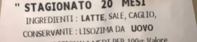 Grana panado DOP ingredients label
