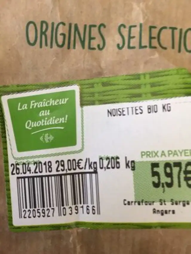 Noisette 29 euros/kg ingredients label